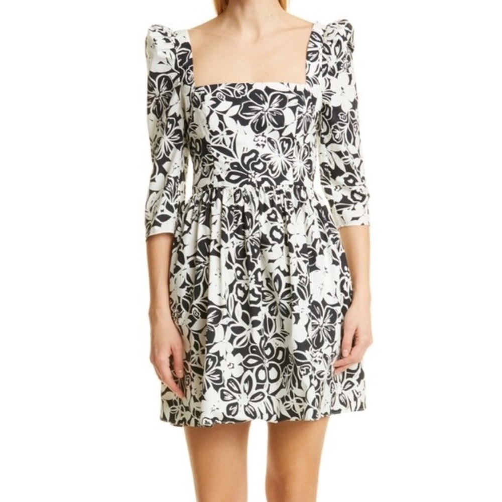 Cara Cara Hart Floral Print Black & White Half Sleeve A-Line Mini Dress Sz 4‎